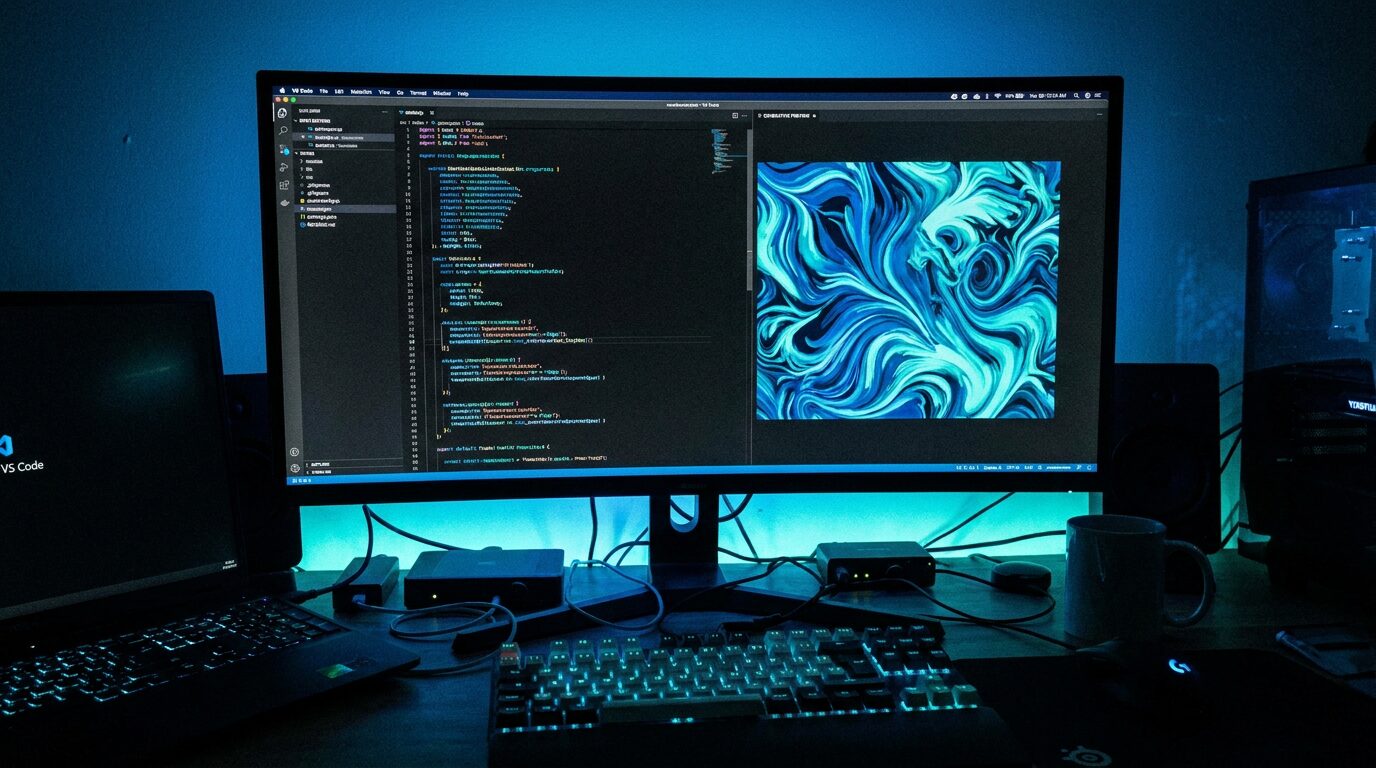 Stylized developer terminal showing JSON requests flowing into a glowing image generation pipeline