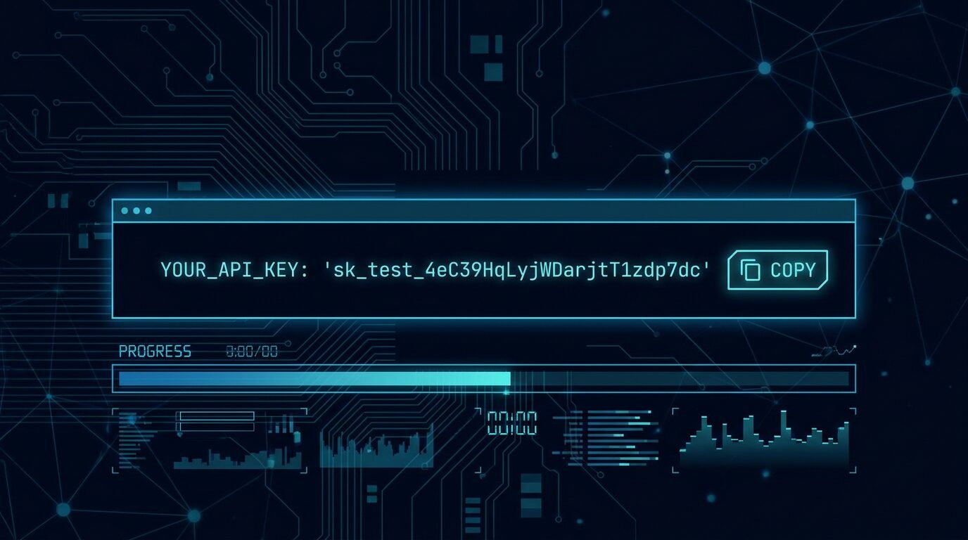 Studio dashboard showing the API key creation modal with a labeled key and copy-to-clipboard control