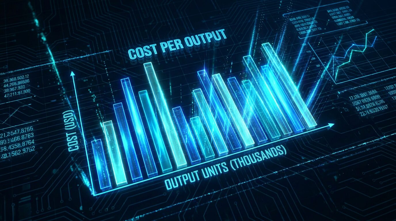 Cost-per-output bar chart showing effective cost across video, image, and voice generation