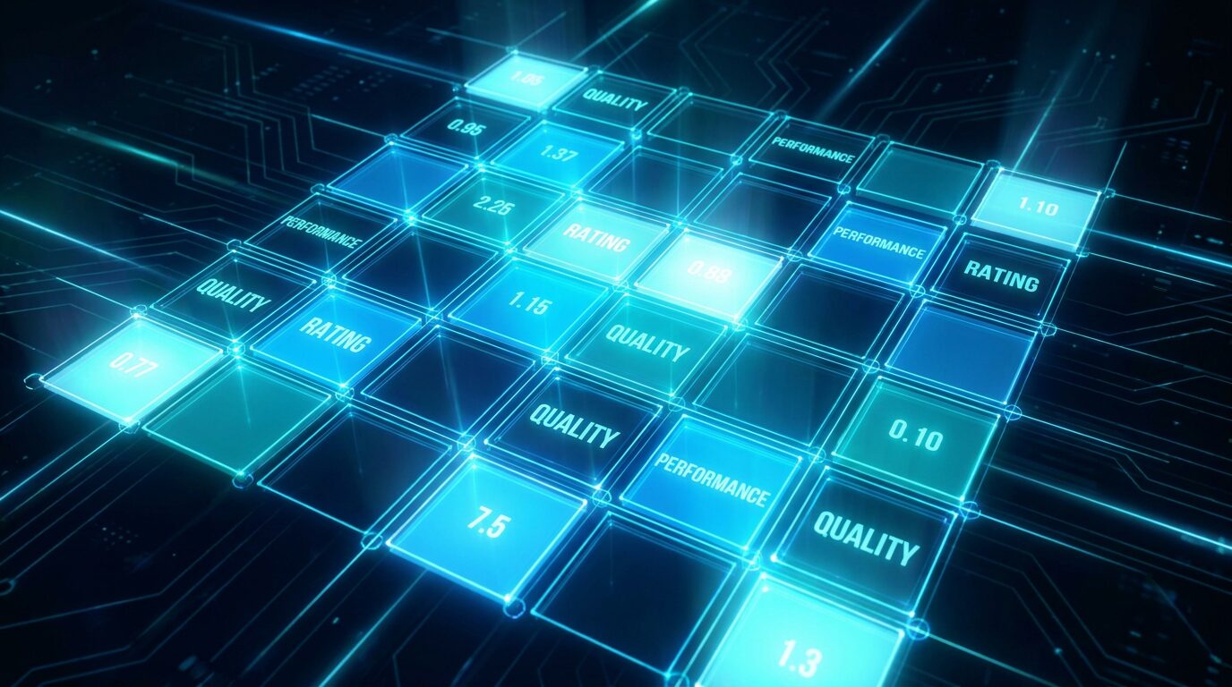 Quality matrix scoring prompt outputs across dimensions like composition, motion, and lighting