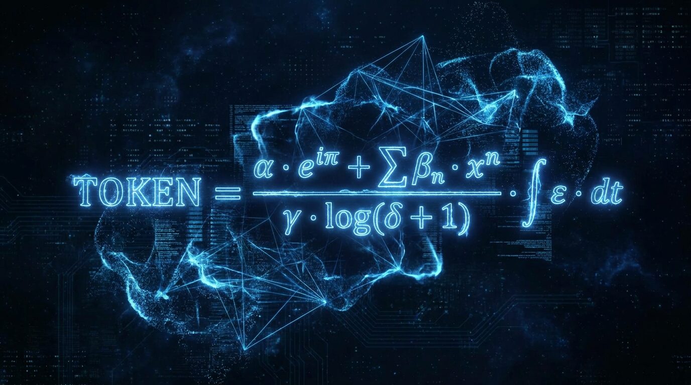Token math equations floating in abstract space, illustrating per-output cost calculations